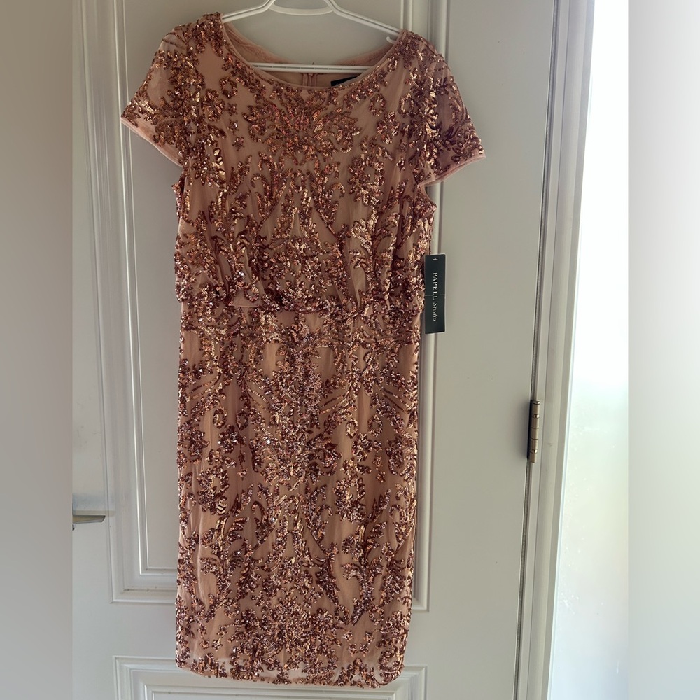 Adrianna Papell Rose Gold Sequin Midi Dress in Size 12